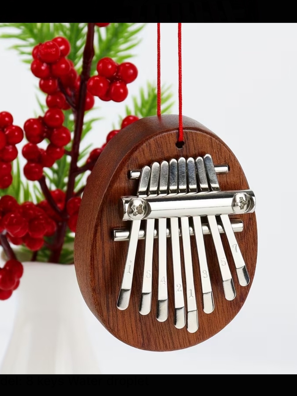 Wooden Kalimba Thumb Piano Ornament - Brown & Silver w red string